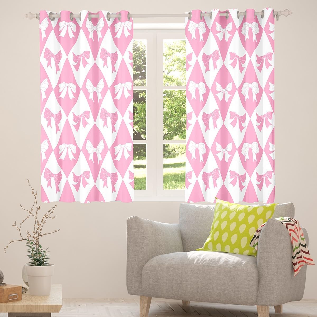 Manfei Pink Bow Curtains,Princess Style Bowknot Cartoon Girly Window Drapes,Geometric Pink White Diamond Plaids Patchwork Window Treatment Block 30%-50% Light Grommet Top 2 Panels,42Wx90L