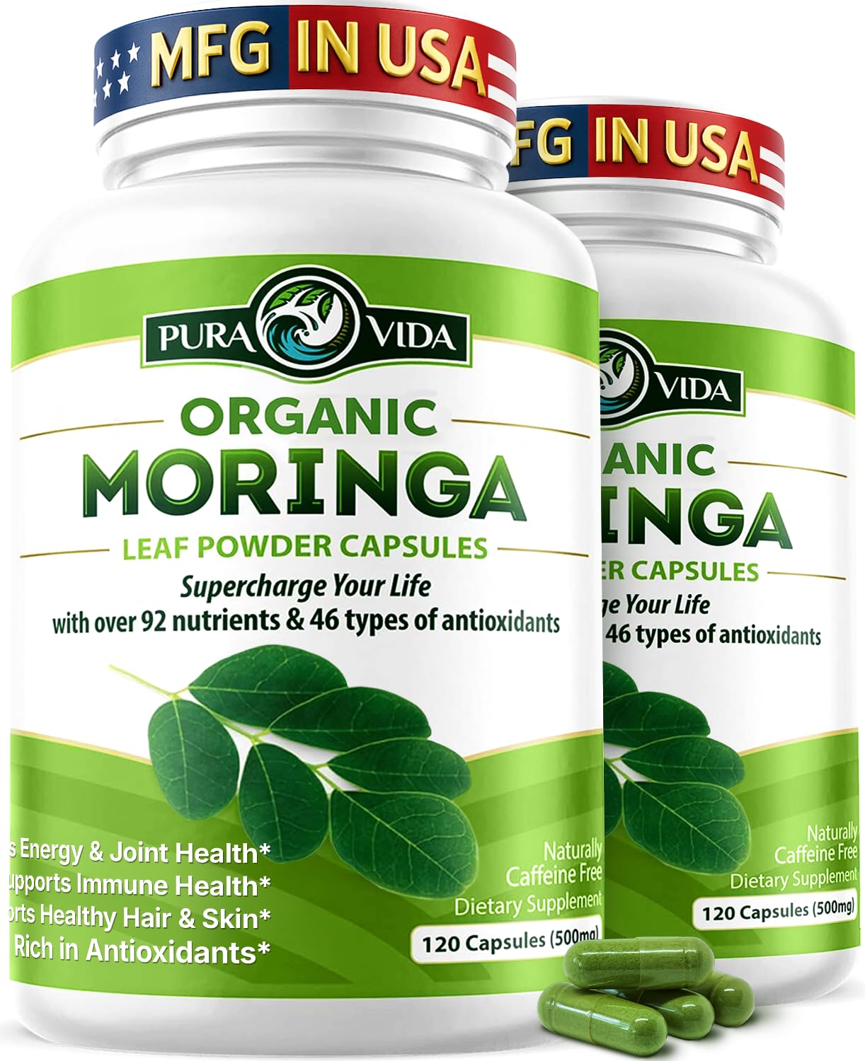 Capsules Single Origin Organic Moringa Powder. Moringa Leaf. Energy, Metabolism, & Immune Support. 120ct. 500mg Caps. (Pack of 2)