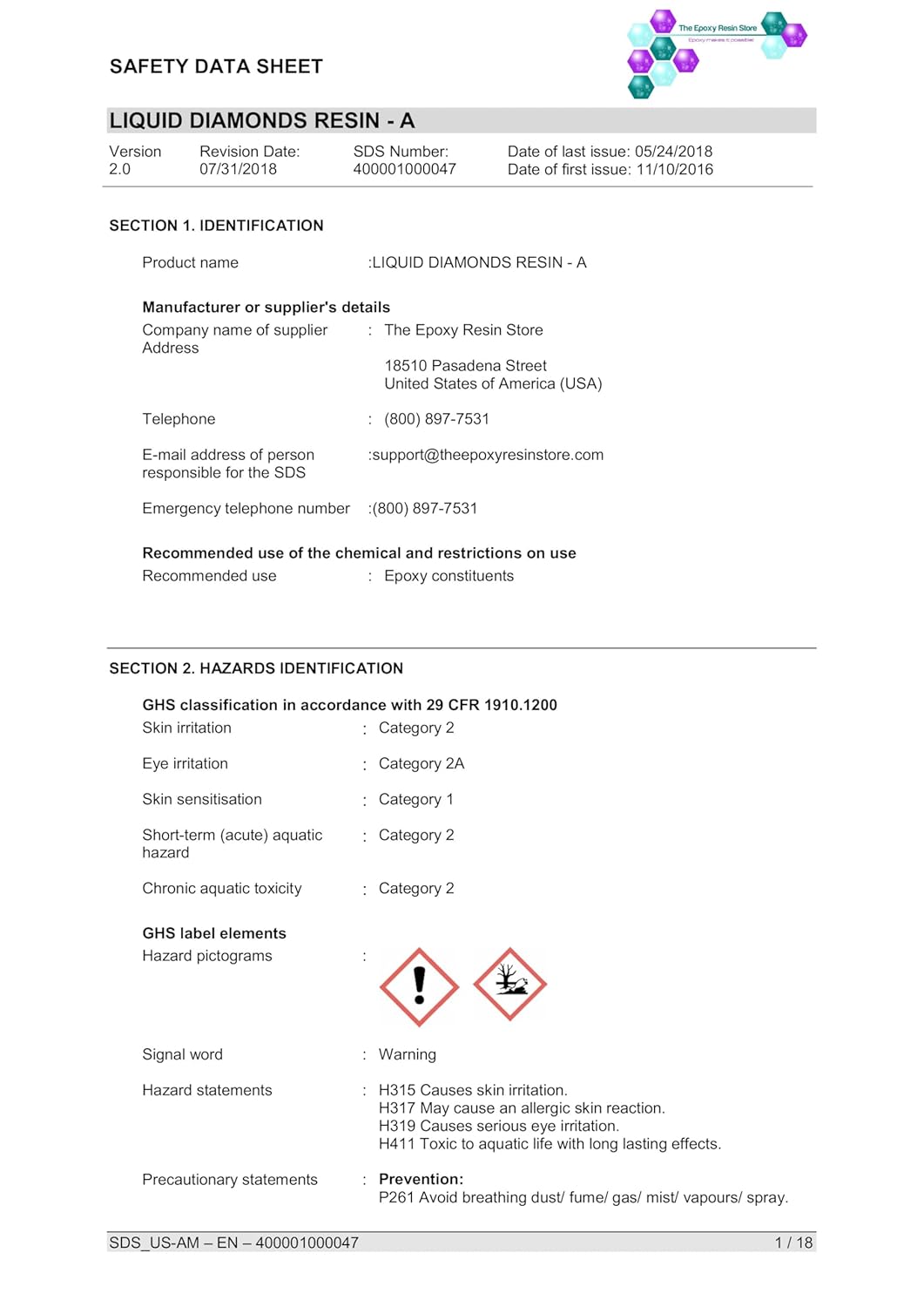 Liquid Diamonds Casting Epoxy Resin 1.5 Gallon kit Non Toxic FDA Compliant