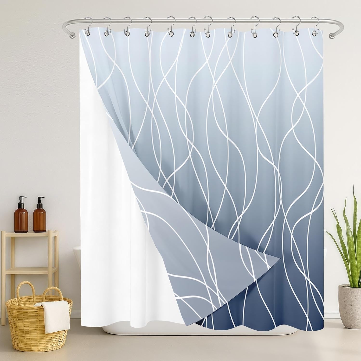 Shower Curtain and Liner Set, Blue Ombre White Striped Line Waves Shower Curtain and Liner with Double-Sided Stainless Steel Hooks, 3-in-1 Waterproof Fabric for Bathroom, 72x72 Inch