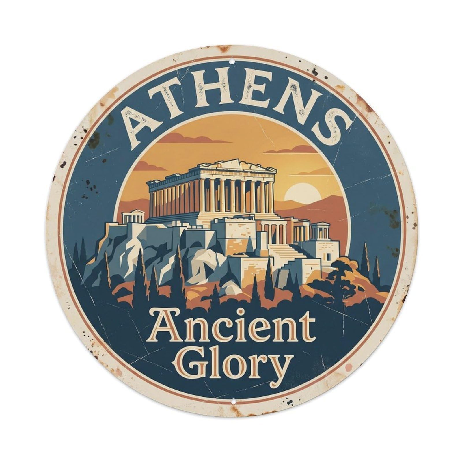 Vintage Travel Athens Acropolis Historic 1 Metal Tin Sign Plaque Wall Decor for Cafe, Club, Garden Round Metal Poster 8x8Inch