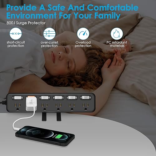 Miniatura 10 de JUNNUJ - Abrazadera de escritorio con interruptor individual, 6 tomas de corriente 800J, protector de sobretensiones, abrazadera extraíble para