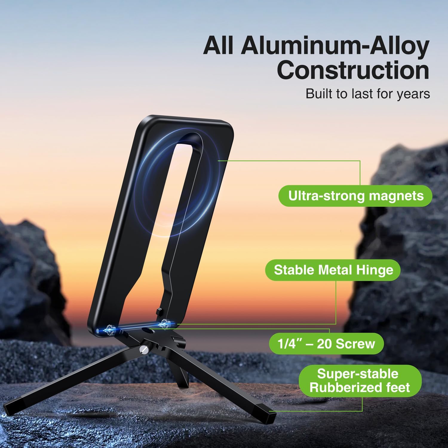 elitehood Mini Magnetic Tripod for iPhone 12/13/14/15/16 & Magsafe Cases, Travel iPhone magnetic Stand for Airplane, Aluminum Portable Small Phone Tripod with Strong Magnet and 1/4" Screw Mount, Black