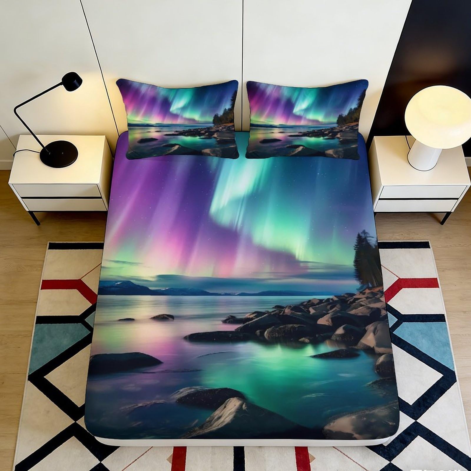 3D Printed Northern Lights Fitted Sheet Microfiber Soft Breathable Aurora Mattress Cover for Bedroom Dormitory Guest Room Mattress Protection Decor 140x200x25cm