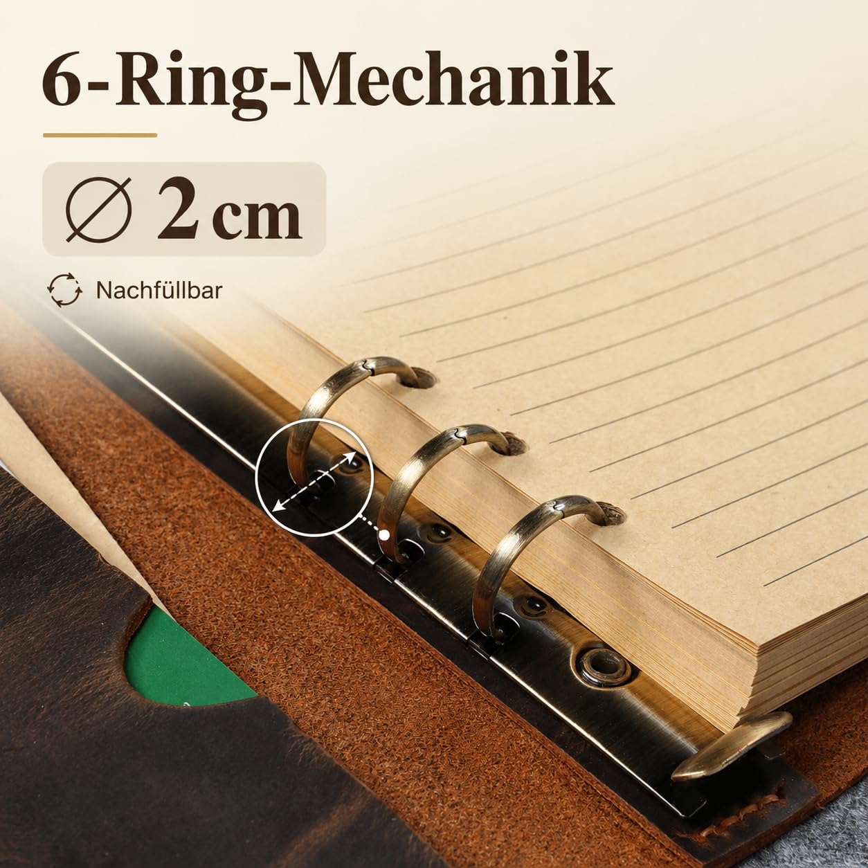 A5 Leder Organizer mit 6-Ring-Mechanik, nachfüllbares Reisetagebuch aus Vollnarben-Büffelleder, handgenähter Vintage Journal Binder mit 80 Blatt liniertem Papier, PVC-Hüllen, Kartenfächern und Reißver