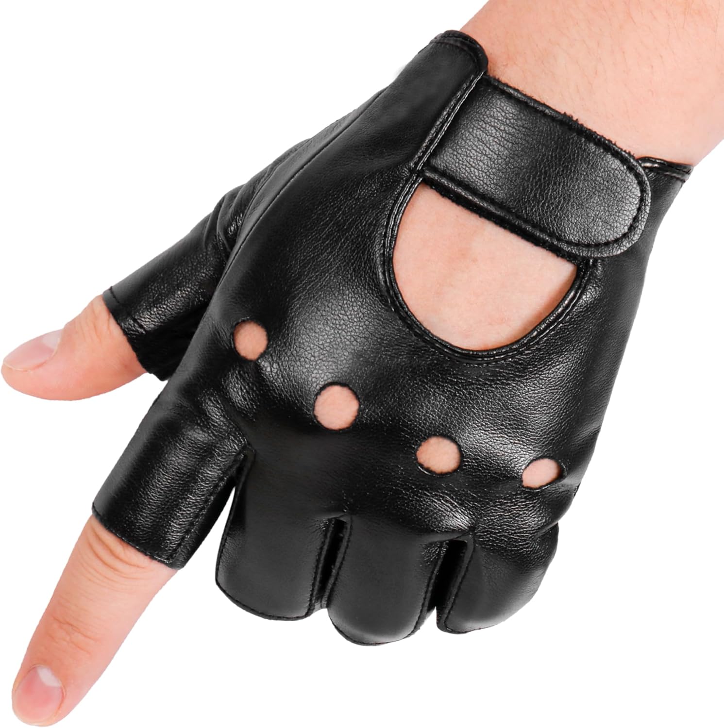 OurHonor Black Fingerless Gloves for Men Women, Halloween PU Leather Half Finger Glove Driving Performance Costume Sport