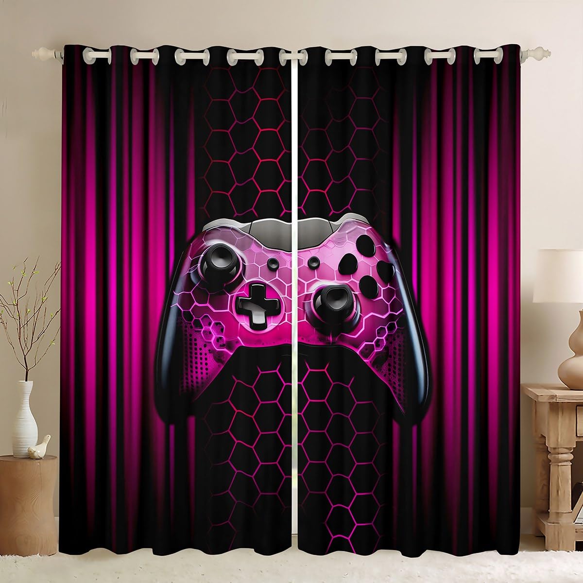 Manfei Modern Gamer Blackout Curtain Rose Geometric Game Controller Window Drapes for Kids Boys Teen Room Decor, Gaming Window Treatments Grommet Top 2 Panel Set Bedroom Curtains, 66Wx90L inch โ image 1