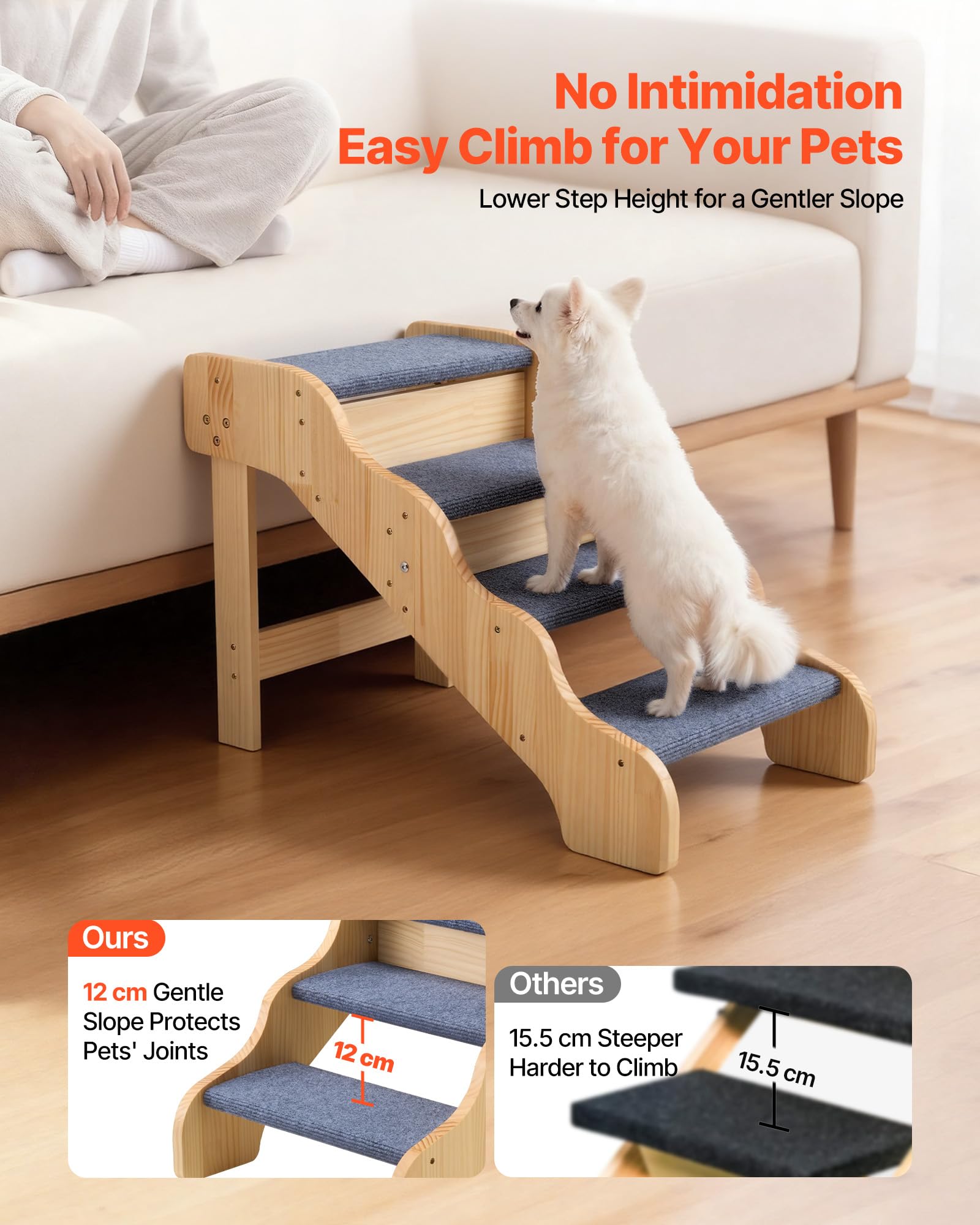 VEVOR Scale in Legno per Animali Domestici a 4 Gradini per Letti Alti, Divani e Auto, Carico di 68 kg, Superficie Antiscivolo, Scaletta Stabile per Cani e Gatti, Accessori Essenziali per Cuccioli