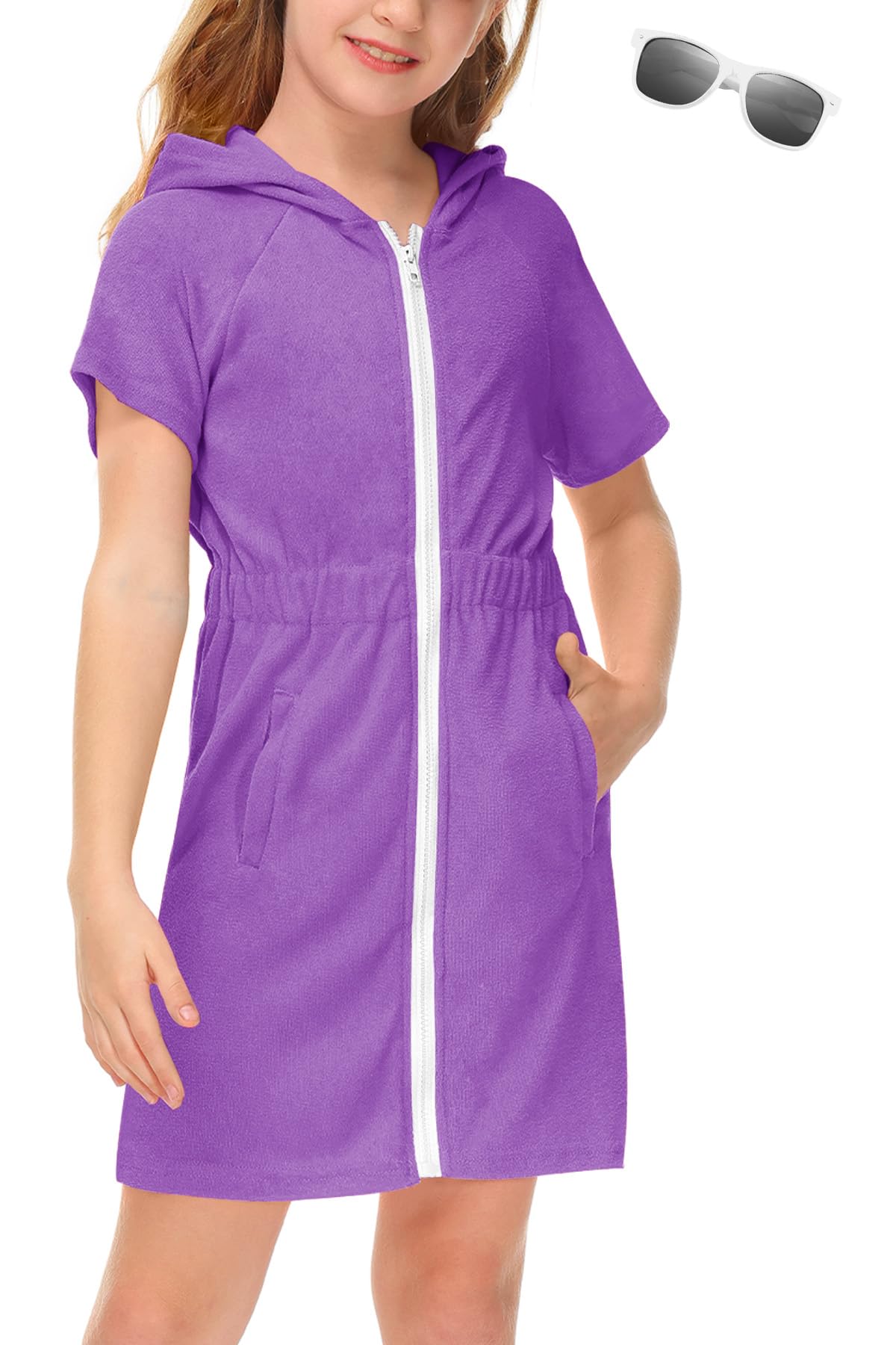 BesserBay Girls Swim Cover Up Beach Bathing Suit Coverups for Swimwear Zip-Up Terry Cloth Robes with Sunglasses 6-14 Years