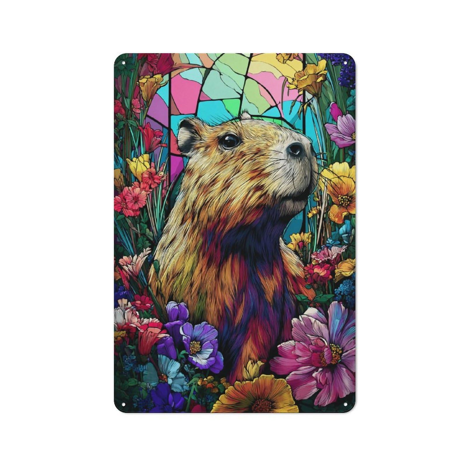 Junmoney Colorful Capybara Amidst Flowers Rustic Tin Sign 30X20cm For Living Room Or Hallway, Suited To Living Room Decor Lovers