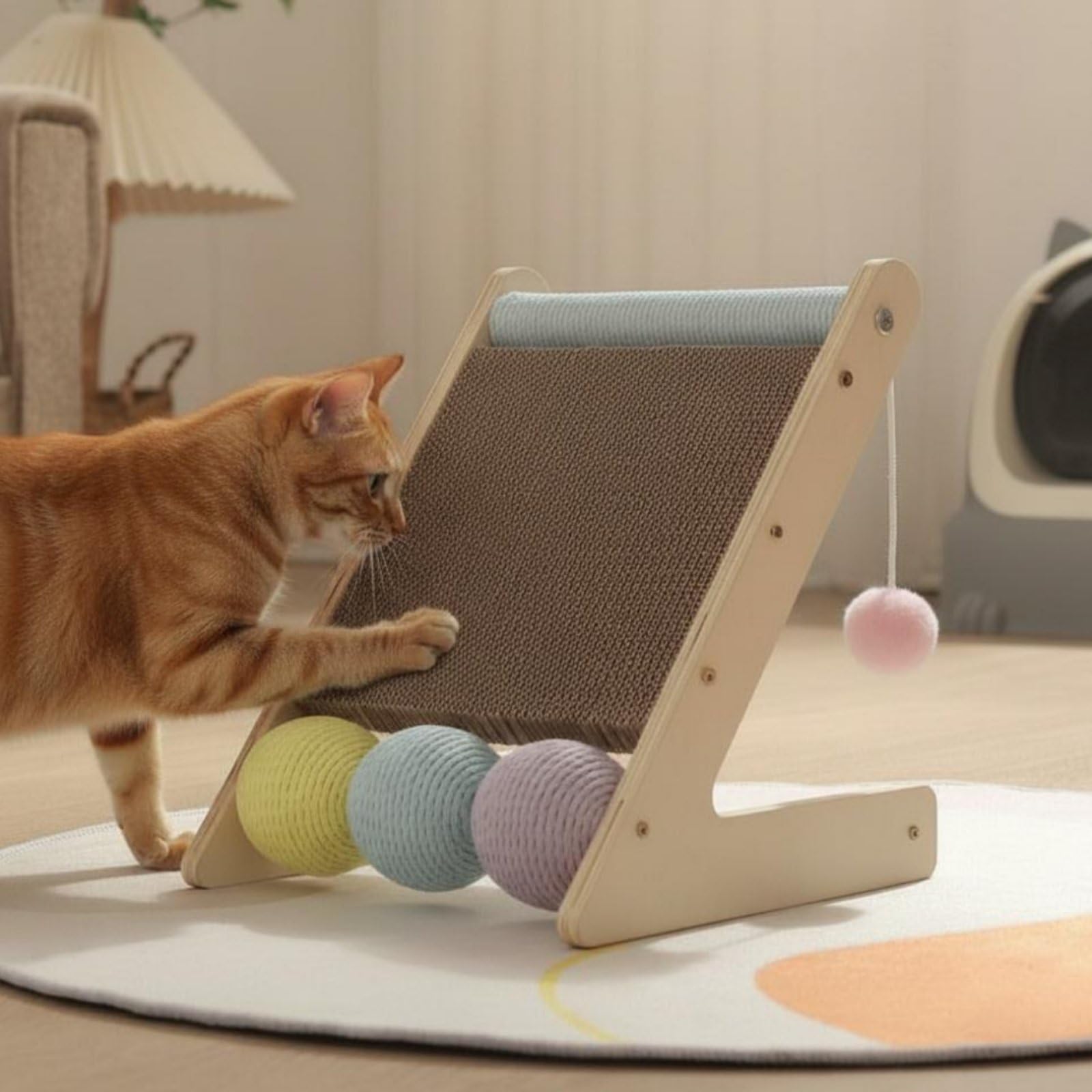 Griffoir Chat Carton Ondulé Ergonomic avec Boules Sisal et Jouet Tissu pour Chat Prévention Obésité et Digestion Saine