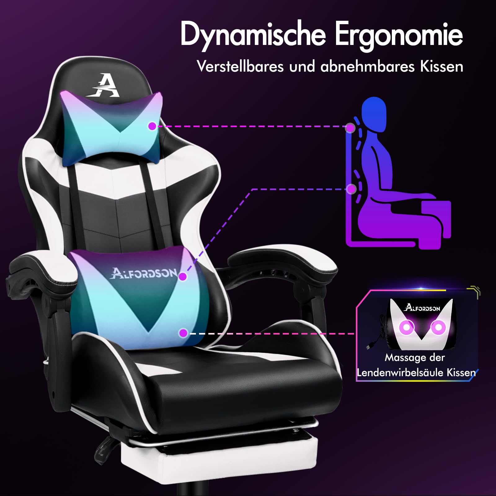 Fotel ALFORDSON gamingowy, ergonomiczny, rozkladany, z zaglówkiem i podnózkiem, skóra PU, regulowana wysokosc, nosnosc 180 kg, bialy