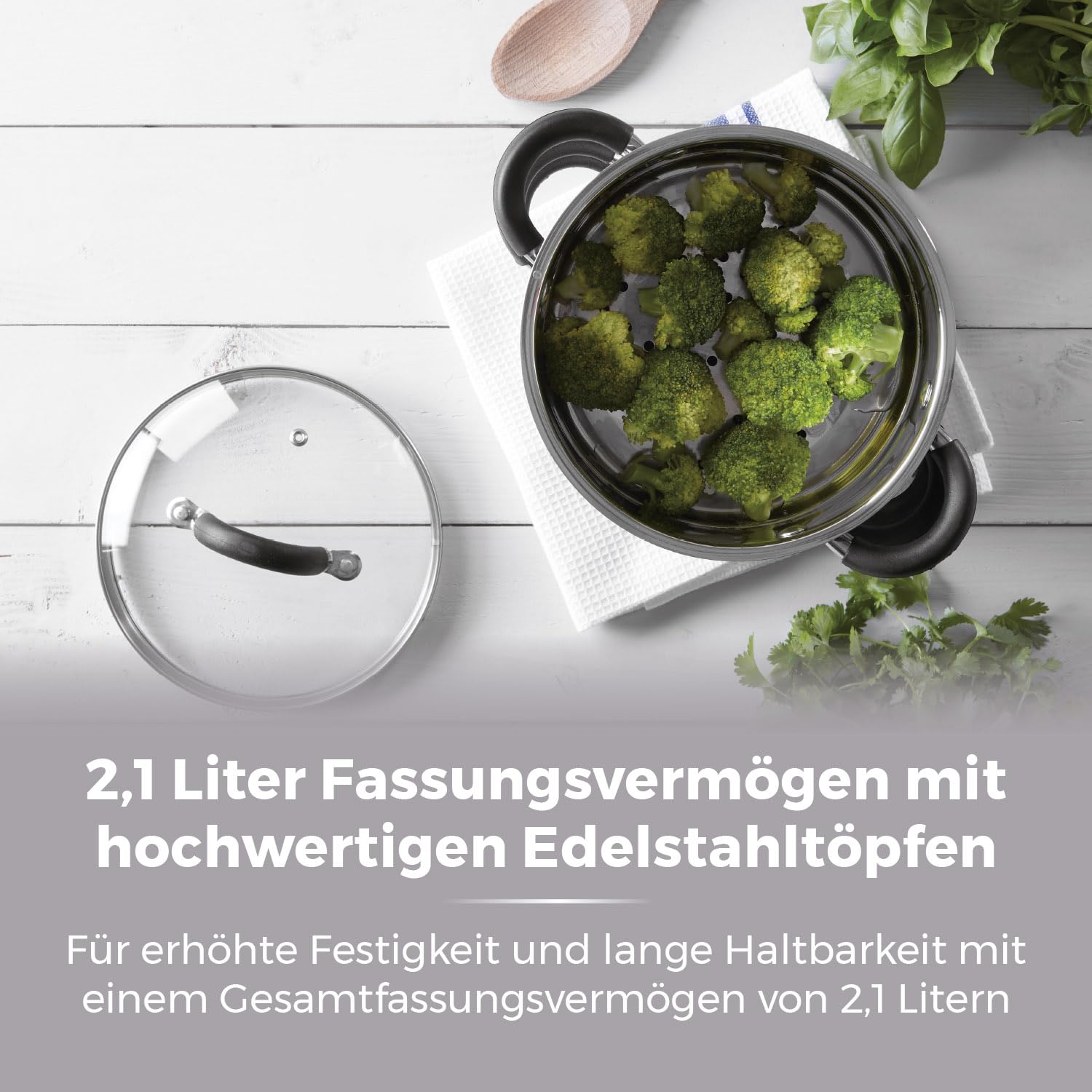 Tower T80836 Essentials Dampftopf Induktion - Dampfgarer Topf 3-Lagig mit Glasdeckel und Silikongriffen - Kartoffeldämpfer Dampfgarer Edelstahl mit Polierter Hochglanzoberfläche 18 cm - Silber