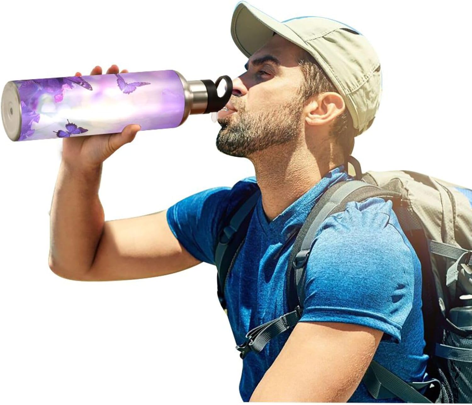 xigua Purple Butterfly Water Bottle with Straw Lid Vacuum Insulated Stainless Steel Thermo Flask for Sports Cycling Hiking School Home,20 oz.