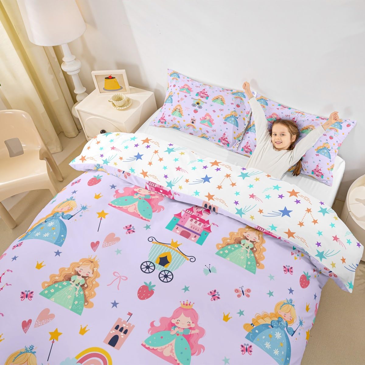 Cute Princess Bedding Set Junior/Cot Bed Kids Purple Castle Strawberry Comforter Cover for Boys Girls Kawaii Cloud Rainbow Duvet Cover Breathable Soft Microfiber Star Print Room Decor