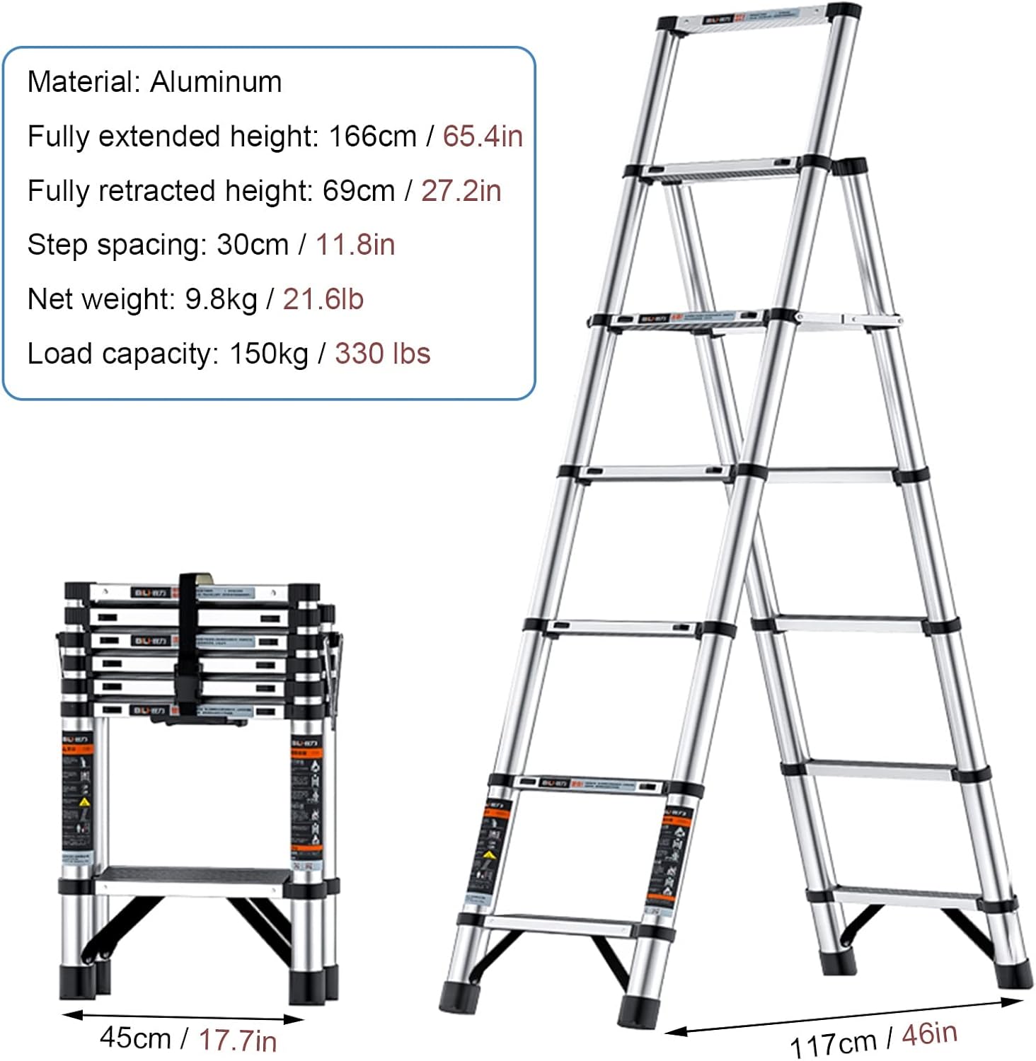 Aluminum Herringbone Telescoping Extension Ladder with Handrails, 3.5ft/4.5ft/5.5ft High Collapsible Telescopic Ladder, Easy to Storage (Size : 1.66m/5.5ft)