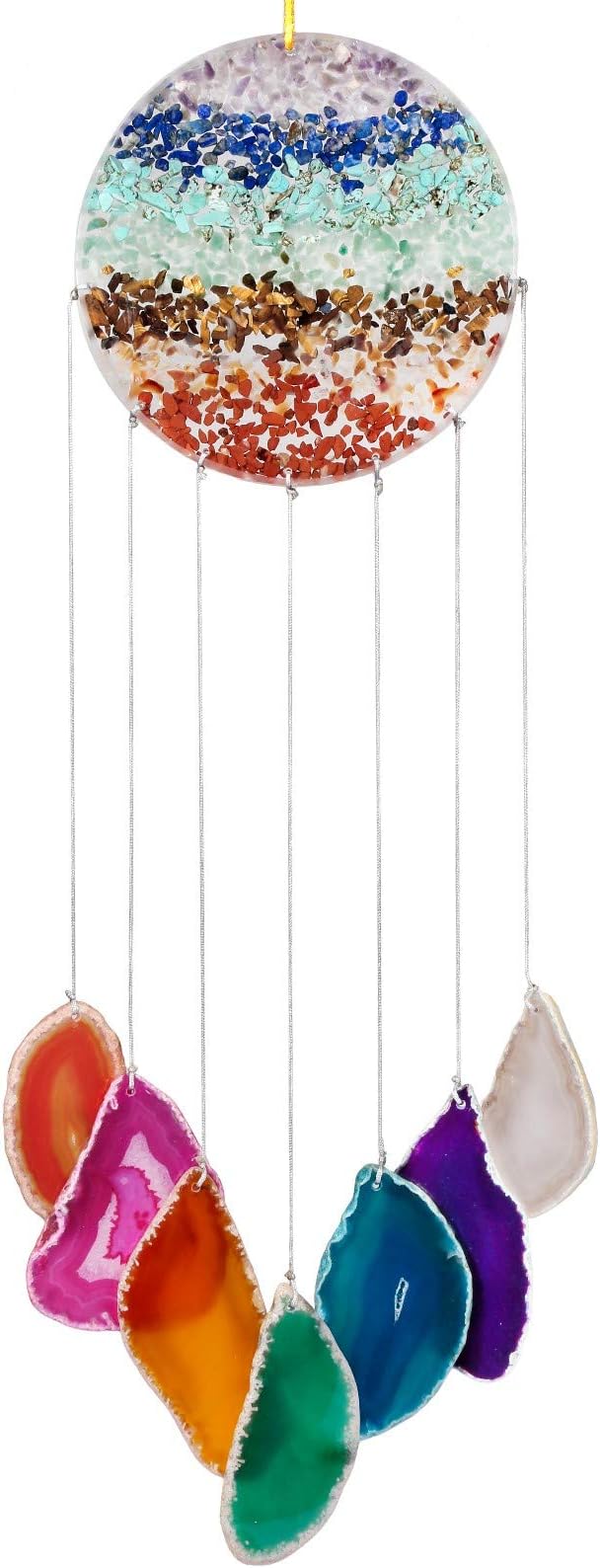 SUNYIK Healing 7Chakra Orgone Agate Slice Wind Chime, Handmade Orgonite Crystal Chips Stone Wind Chime for Indoor Outdoor Decoration Ornament