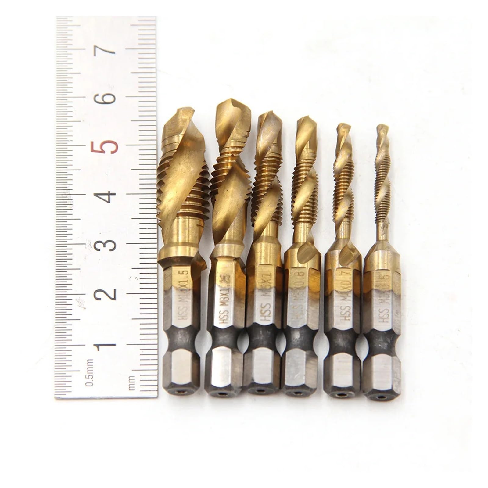 1-6 pezzi maschi for trapano con gambo esagonale placcato in titanio HSS for filettatura metrica punte for maschi for macchina for viti composte M3 M4 M5 M6 M8 M10 utensili manuali(SilverX6)