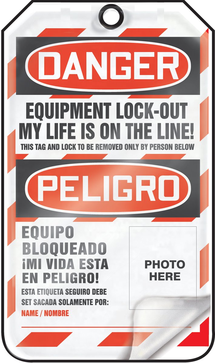 Accuform Signs TSP107PTP Spanish Bilingual Lockout Tag, "Danger Equipment Lock-Out My Life is ON The LINE", 5.75"x3.25"x0.015 ", RP-Plastic, Red/Black on White (Pack 25)