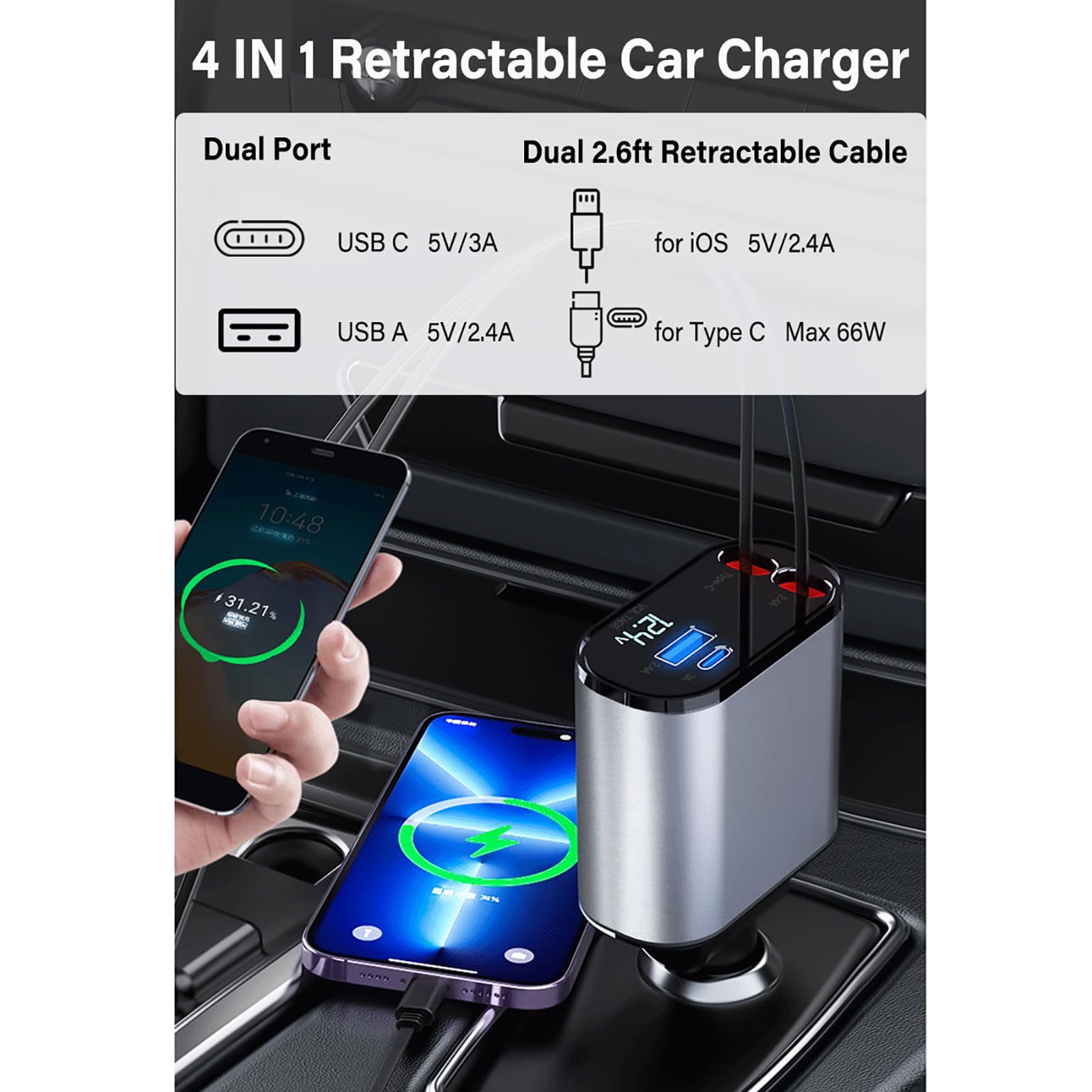 Quntee Retractable Car Charger for iPhone 15 Pro Max, Car Cigarette Lighter 66W Fast USB C Phone Charger, 4 in 1 Retractable Type C Car Charger for iPhone/MacBook Pro/Air,Huawei