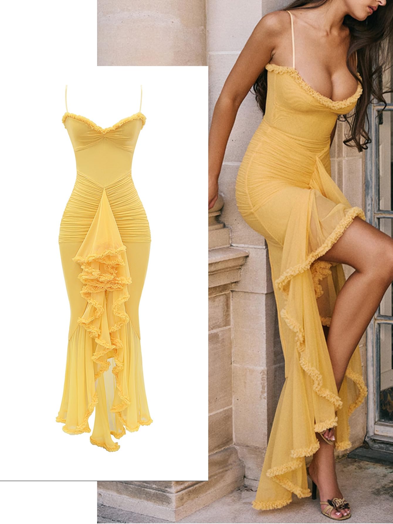 Elegante vestido de malla para invitados de boda, vestido largo formal con volantes y cola de pez