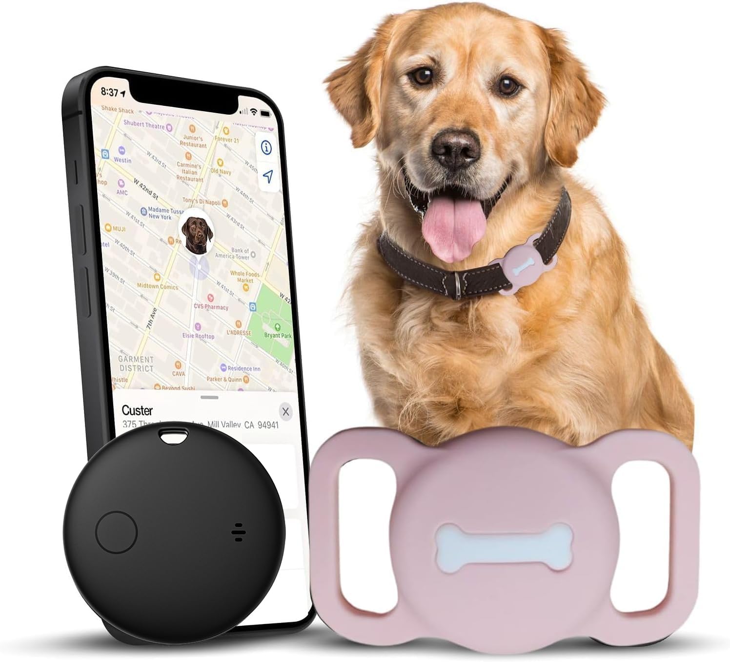 Smart Pet Tracker, Dog Tracker with Black Collar Holder, Smart Tag for Seamless Location Tracking, No Monthly Fee, MFi Certificated, Work with Find My, No GPS Tracker, iOS Only(Pink)