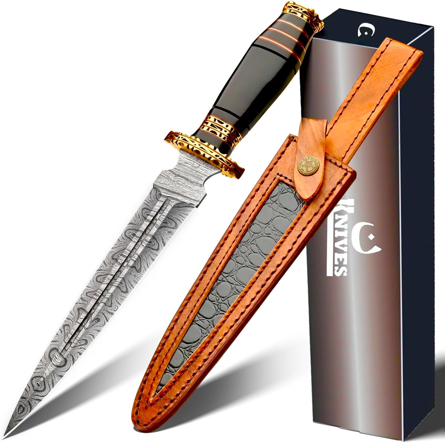 Hand Made Damascus Steel Collectible Knife Handle Camel Bone with Brass Inserts (Black)