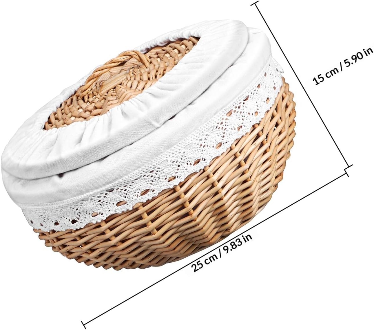 Wicker Food Storage Basket with White Liner, 25cm Diameter Woven Bread and Snack Basket, Decorative Rattan Craft for Kitchen and Dining Use