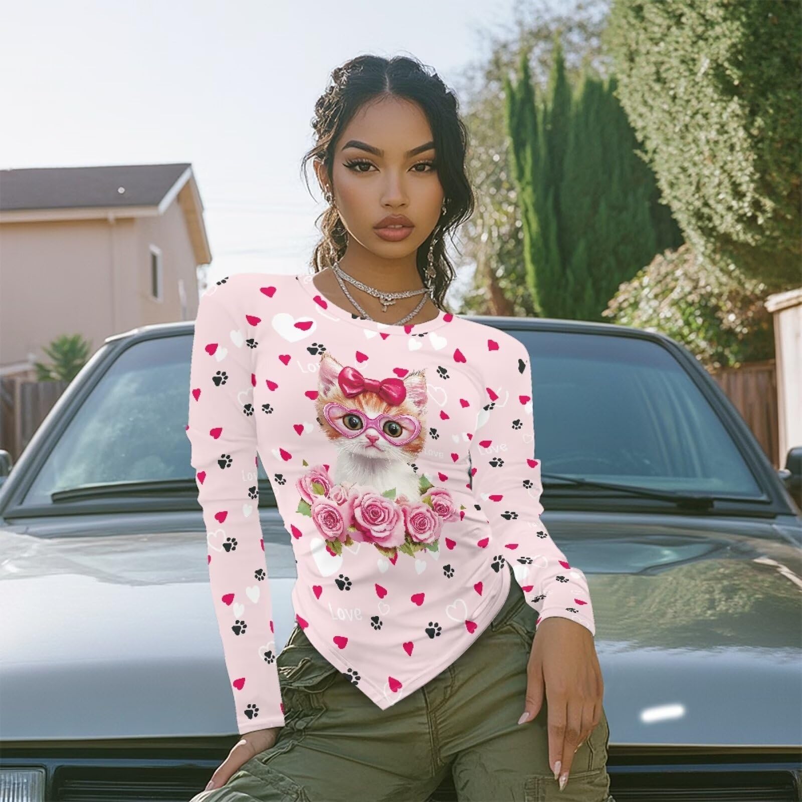 Gzzxiailg Hearts Rose Cat Womens Fashionable Basic Tees Long Sleeve Bodycon Bottoming Tops Irregular Hem Fall Clothes Slim Fit Thermal Tops Soft Underwear Plus Sizes Valentine's Day Outfits