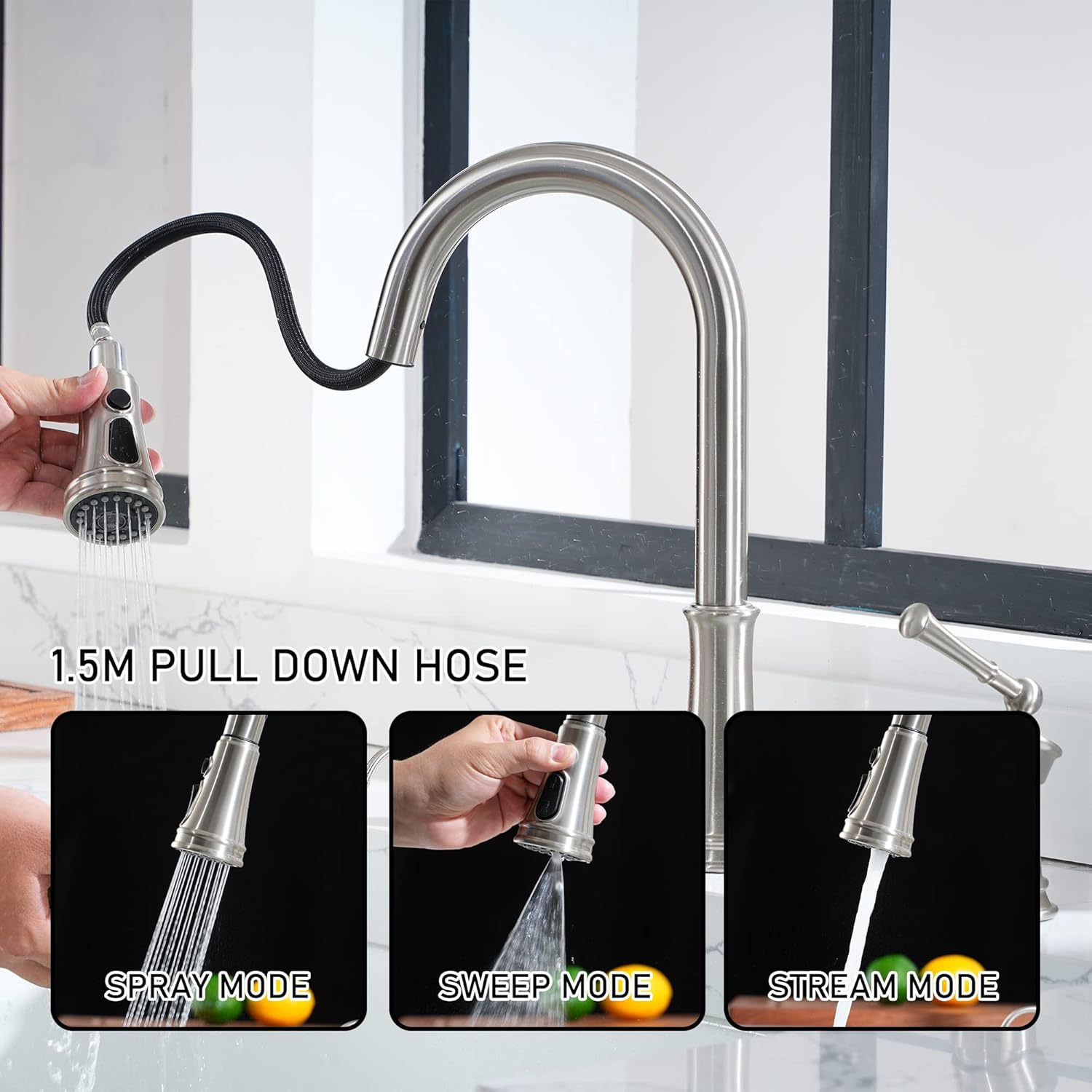 Boyel Living 8 Inch Widespread 3 Hole Kitchen Sink Faucet with Pull Down Sprayer Kithchen Facuet with Single Handle and Soap Dispenser Brushed Nickel