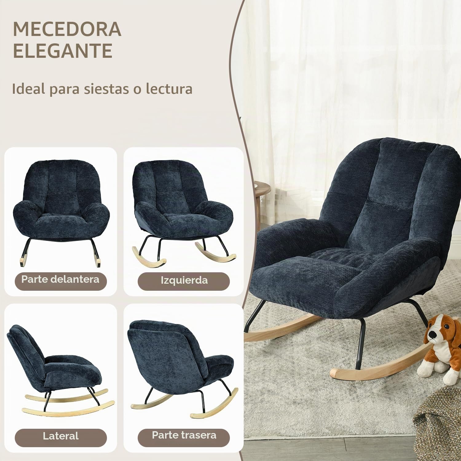 MEUBLE Cosy Sillas Mecedora Escandinavo Sillón Relax Especial Lactancia para Salón Dormitorio Lectura Sala de Estudio, Asiento Extra Ancho en Tela Chenilla, Azul