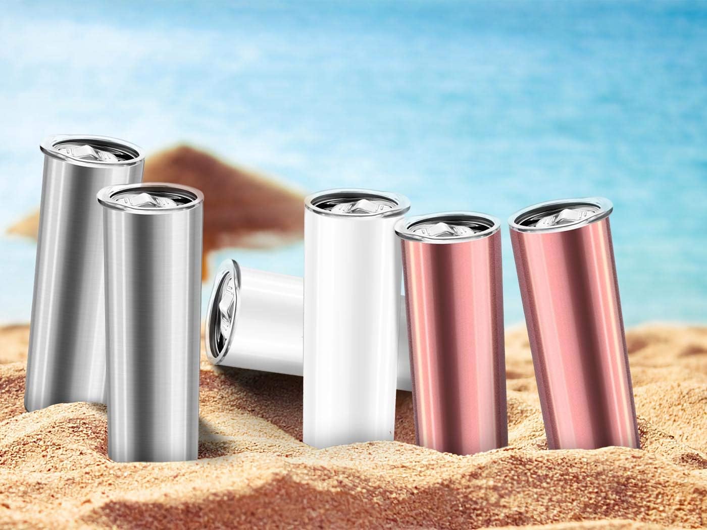 Flash Deals - 50% OFF XccMe 20 oz Skinny Stainless Steel Tumbler,Double Wall Slim Insulated Tumbler with Lid, Skinny Cups with Straw, for Travel Mug Gift, Coffee, Tea, Beverages (2White+2Silver+2Rose Gold)