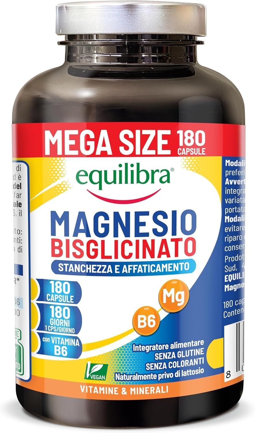 Equilibra Magnesio Bisglicinato, 180 Cápsulas, 250mg, con Vitamina B6, Suministro para 6 meses, Vegan, para Cansancio y Fatiga, Sistema Nervioso, Función psicológica, Sin Gluten en oferta en Amazon