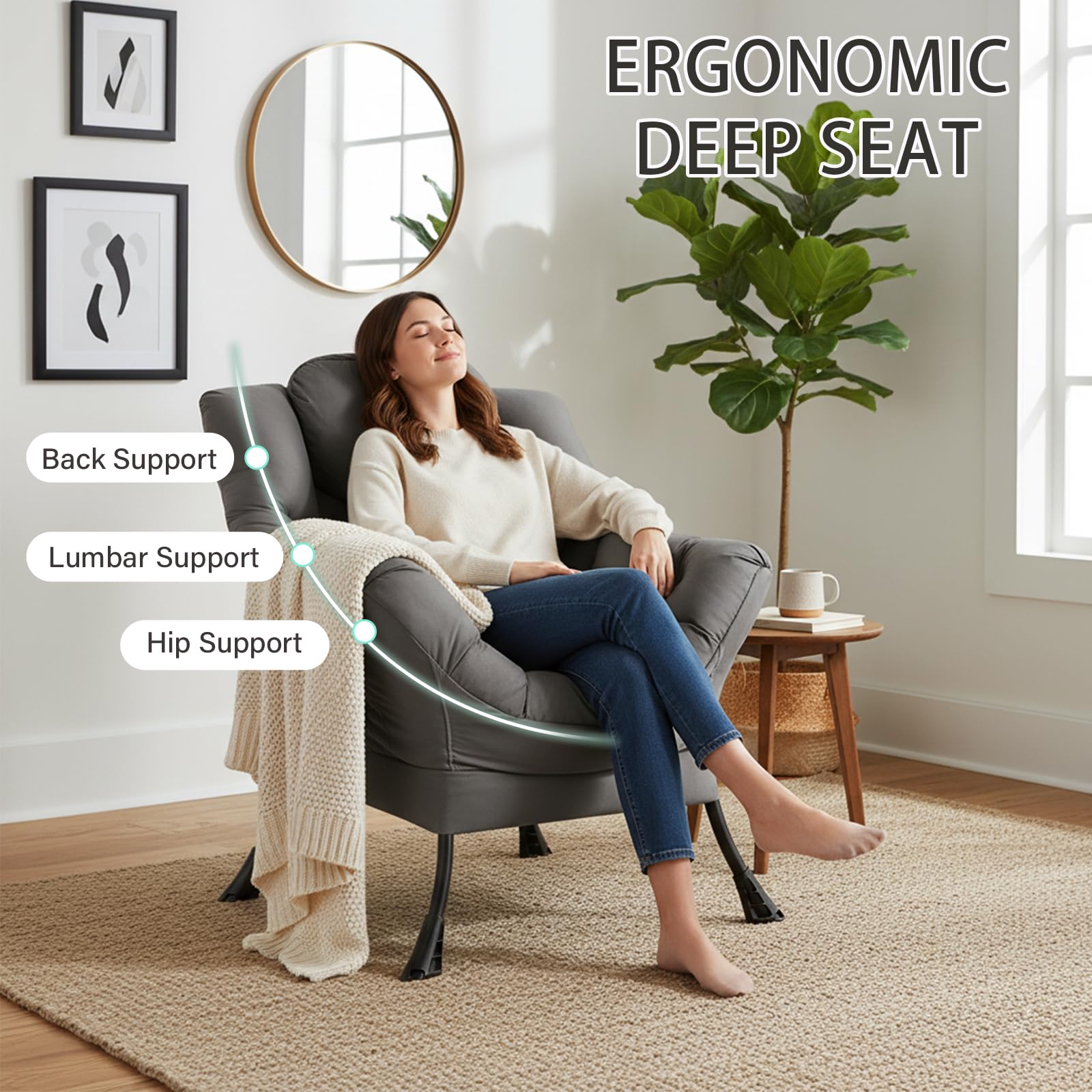 Comoda poltrona, sedia da lettura imbottita con tasca laterale e braccioli, sedia moderna per camera da letto, soggiorno, grigio scuro