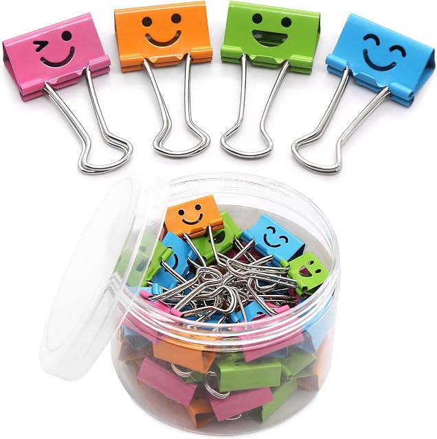 Coideal Smiling Binder Paper Clips - 40 Pcs 19mm Mini Colored Metal Fun Clip Clamps with Cute Smile Face Assorted Color for Office (0.75 inch, Small)