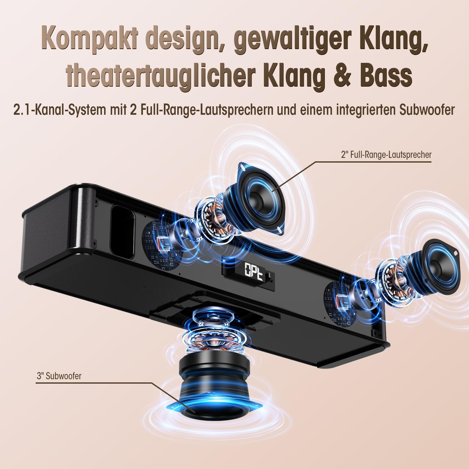 BESTISAN Soundbar für tv, 2.1 Soundbar mit HDMI eARC, AUX, optischem Eingang, USB-Wiedergabe für PC/Gaming/Projektoren, 16,5 Zoll