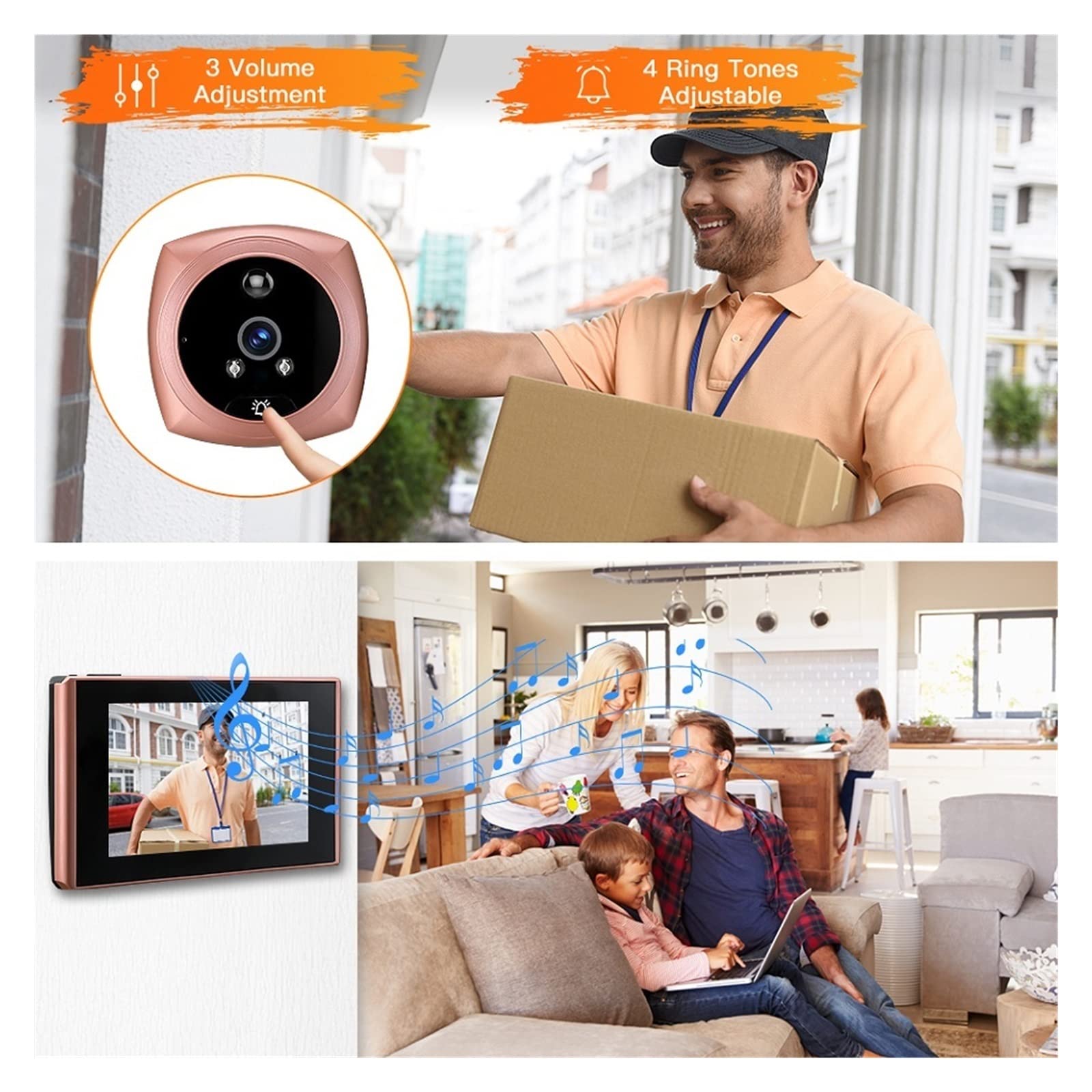 Videocamera per Campanello, 4.3 pollici campanello wireless spioncino telecamera IR visione notturna video campanello impermeabile rilevamento movimento campanello,Allarme Casa,Citofono Smart
