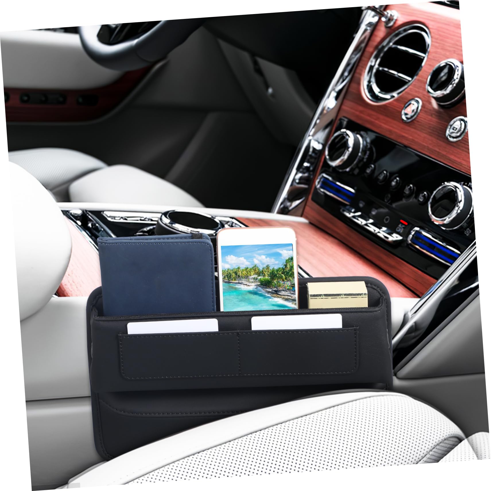 Alipis Caja de Almacenamiento para Asiento de Coche de Cuero Negro, Inserto entre Consola y Asiento, Fácil Instalación y Ahorro de Espacio