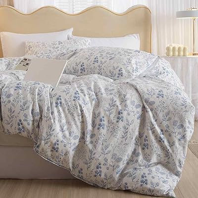 Nanko Blue Floral Comforter Set King Size 3 Pcs, White Flower Leaf Printed Pattern Spring Soft Microfiber Alternative Duvet, Vintage Farmhouse Lightweight Bedding Set Bed in a Bag for Women Men 104x90