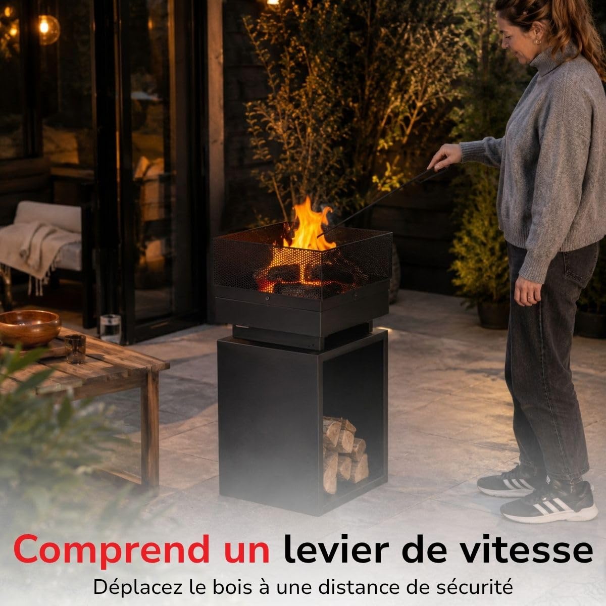 BBQ Collection Brasero Exterieus avec Pare-Étincelles - Cheminée de Jardin 39 x 39 x 85 cm - Cheminée Decoration Jardin Exterieur et Rangement du Bois de Chauffage - Acier au Carbone