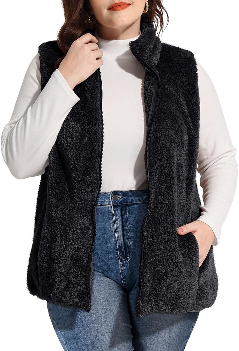 CARCOS Plus Size Fleece Vest for Women Sherpa Sleeveless Jackets Coats Fuzzy Vest Waistcoat Outerwear with Pockets XL-5XL