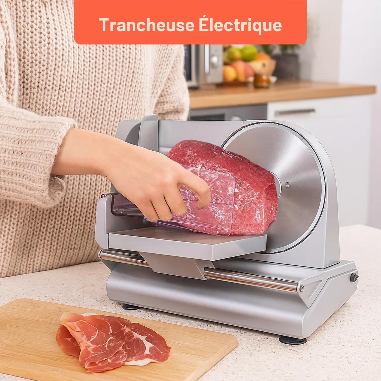 Avilia Trancheuse électrique de maison, avec lame de 220 mm, 150 W, trancheuse professionnelle avec pieds antidérapants et interrupteur marche/arrêt, épaisseur précise de 0 à 15 mm pour trancher les