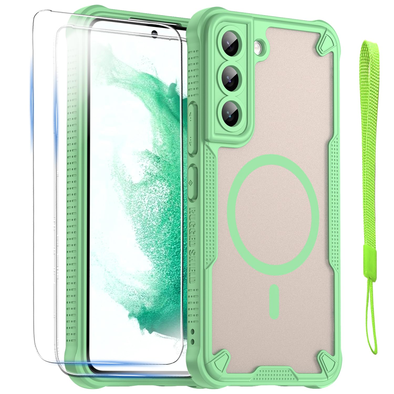 for Samsung Galaxy S22 Case with Magsafe Magnetic Slim Shockproof Protective Case,Translucent Matte Back with Lanyard Strap and 2*9H Tempered Glass