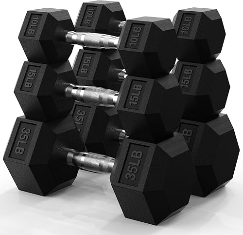 Miniatura 10 de PAPABABE Juego de mancuernas hexagonales de 45 a 550 libras, mancuernas de gimnasio en casa con revestimiento de goma, mancuernas para mujeres y