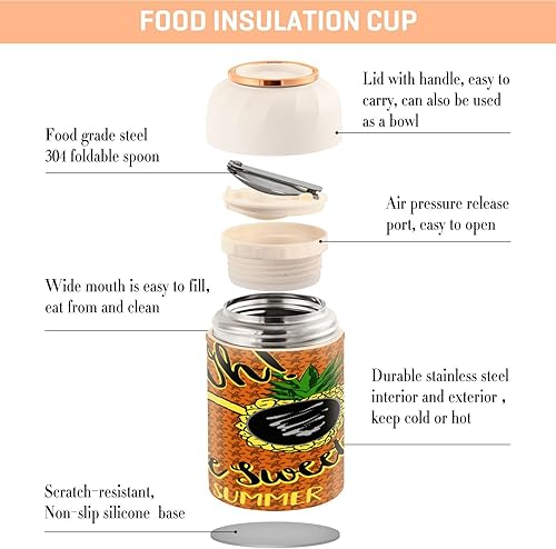 Miniatura 4 de Vasos de fruta de piña con cuchara de acero inoxidable aislado al vacío, contenedor de alimentos de 17 oz termo para almuerzo