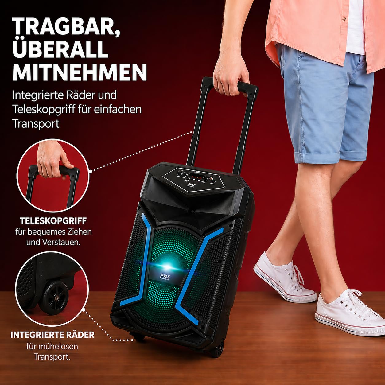Pyle Partybox Bluetooth 12 Zoll 800W Lautsprecher – Leistungsstarke PA Anlage mit Akku, Mikrofon, LED Lichteffekte, USB, AUX, FM Radio, Rollen & Teleskopgriff