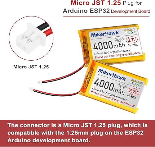 Miniatura 2 de MakerHawk Batería LiPo de 3.7V 4000mAh recargable 1S 3C Batería de polímero de litio con placa de protección cinta de goma aislada, enchufe micro