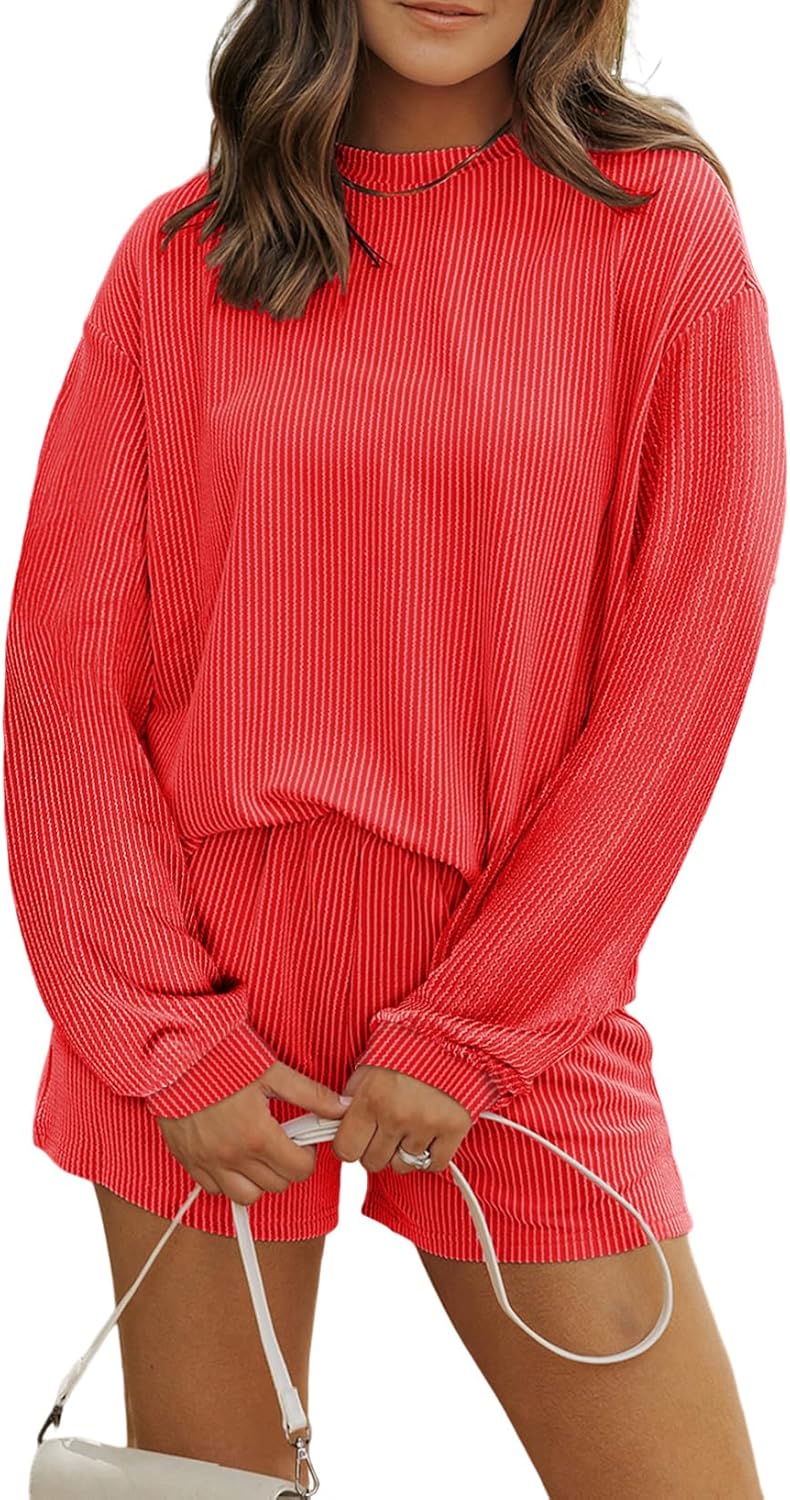 MARZXIN Women's 2 Piece Outfits Summer Tracksuit Ribbed Textured Knit Loose Lounge Shorts Set Short Sleeve Matching Sets