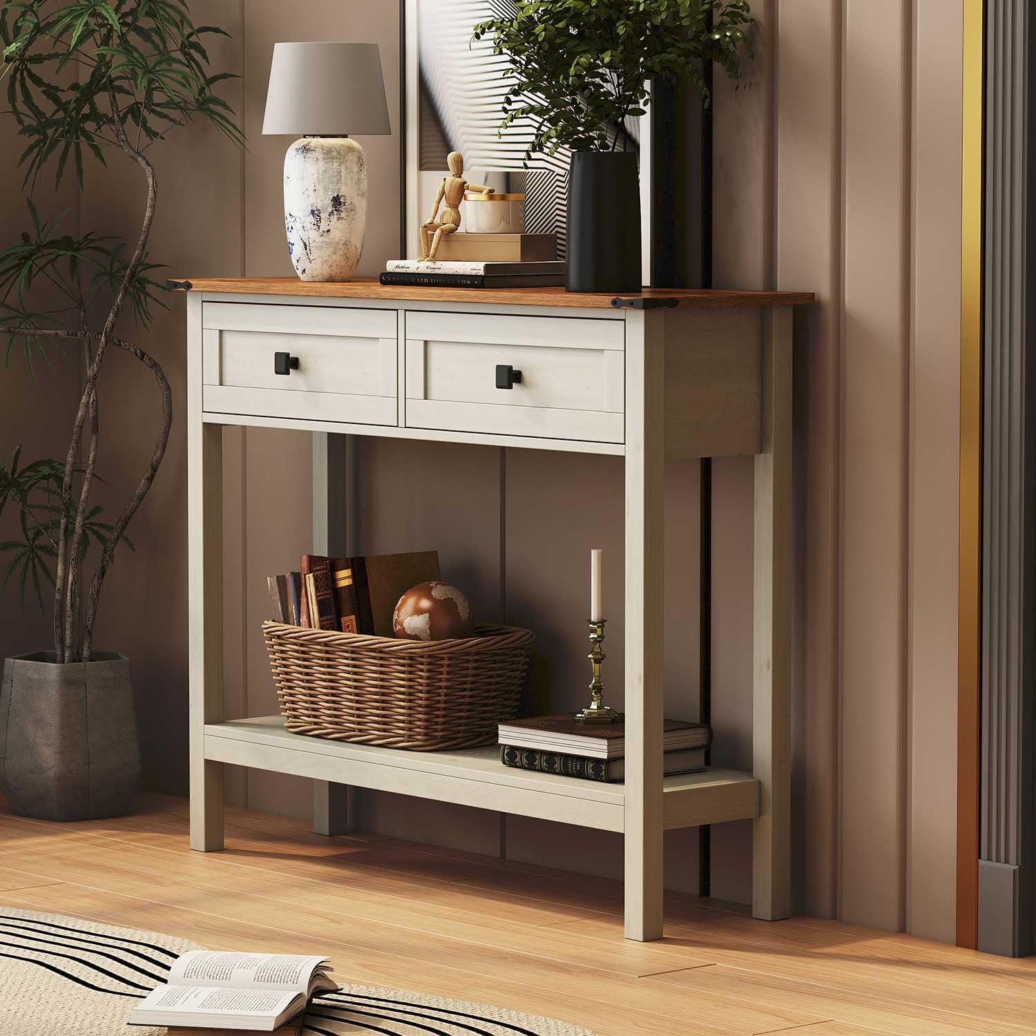 SRECELL 39.4" Farmhouse Console Table with 2 Large Drawer, Entryway Rustic Wooden Table with Open Storage Shelf, Accent Sofa Table for Living Room and
