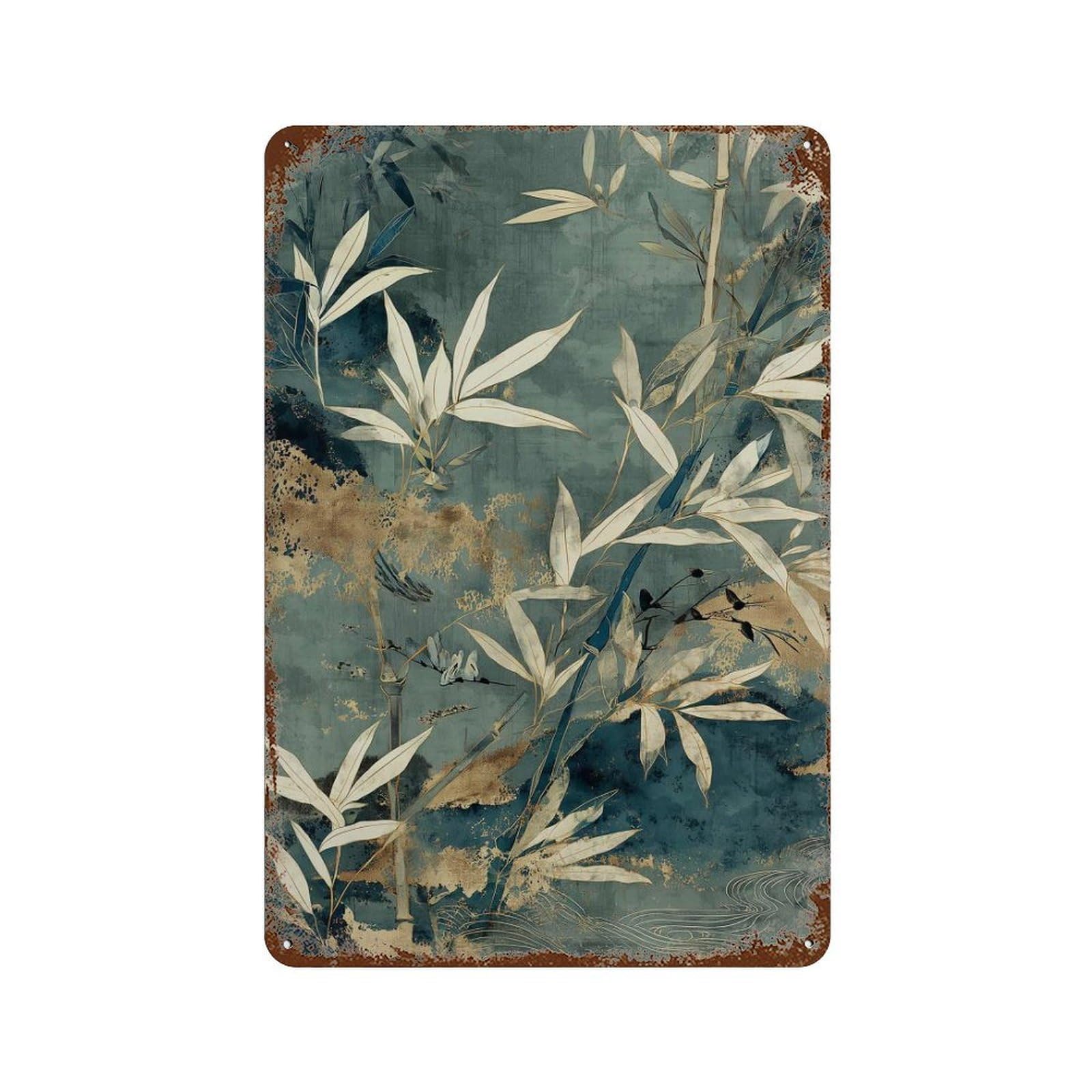 xiaoxiaoshen Japanese Bamboo Zen Botanical Gold Ink Style Nature Tranquil Asian Wall Decor Art Metal Tin Poster Modern Home Decor Art Home Bar Shop Decorations Vintage Sign 30x20cm